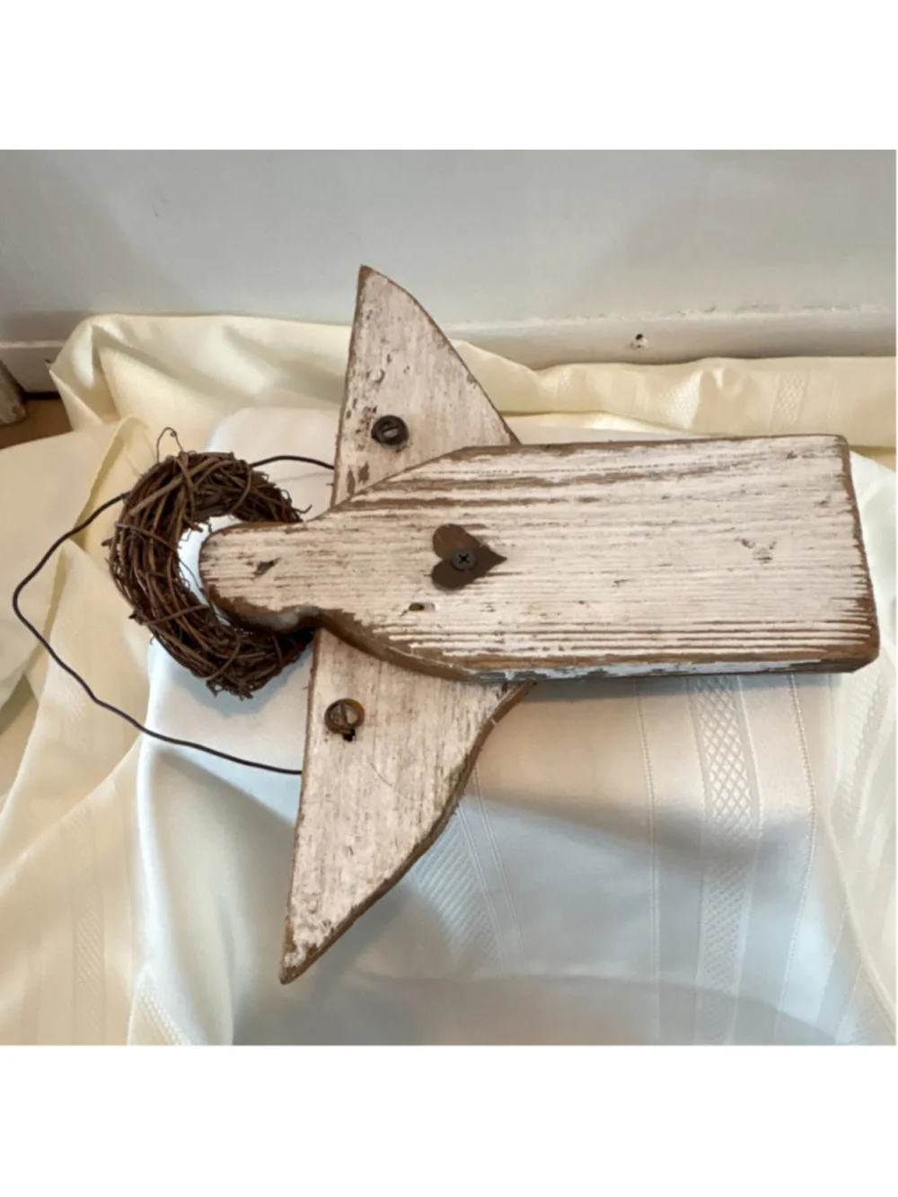 Rustic Distressed Painted Wood Angel Wall Hanging Decor White/Brown Metal